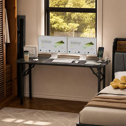 Folding Table Computer Desk - 55.1" No Assembly Folding Desk with Power Outlets & USB Charging Port, Small Desk, Foldable Office Desk, Compact Storage Portable Use for Small Space, Marble Greige