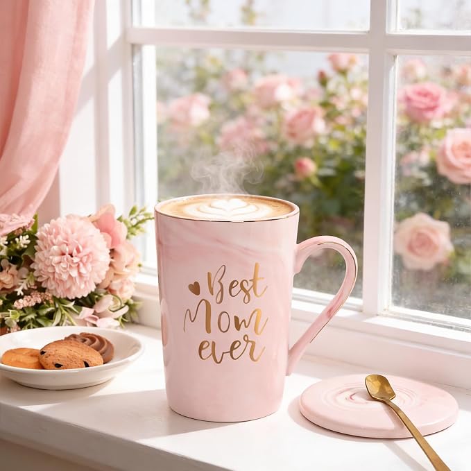YHRJWN Birthday Gifts for Mom, Best Mom Ever Coffee Mug, Mom Mothers Day Gifts from Daughter Son, Moms Gift Idea for Birthday, Valentines Day, Present for Moms Mothers, 14 Oz Pink