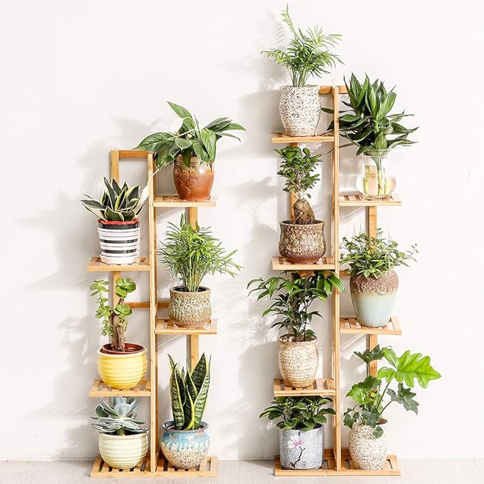 Bamboo 5 Tier 6 Potted Plant Stand Rack Multiple Flower Pot Holder Shelf Indoor Outdoor Planter Display Shelving Unit for Patio Garden Corner Balcony Living Room