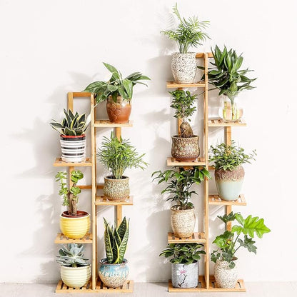 Bamboo 5 Tier 6 Potted Plant Stand Rack Multiple Flower Pot Holder Shelf Indoor Outdoor Planter Display Shelving Unit for Patio Garden Corner Balcony Living Room