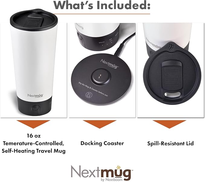 Nextmug Go - Temperature-Controlled, Self-Heating Travel Mug | (White - 16 oz.) – No App, Long-Lasting Battery for Work & Study, Great Gift for Coffee Lovers