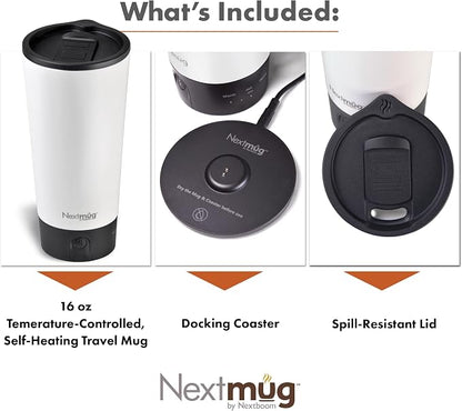Nextmug Go - Temperature-Controlled, Self-Heating Travel Mug | (White - 16 oz.) – No App, Long-Lasting Battery for Work & Study, Great Gift for Coffee Lovers