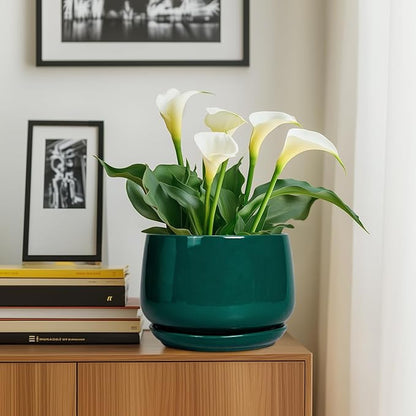 G EPGardening Ceramic Pots for Plants - 9 Inch Ceramic Planter for Indoor Plants, Round Planter with Drainage and Saucer, Modern Flower Pots for Outdoor, House Decor, Garden Gifts, Green