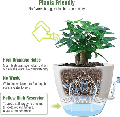 12inch Self Watering Pots, Plastic Planters with Mesh Drainage Holes and Deep Reservoir for Indoor Outdoor Garden Plants and Flowers, White