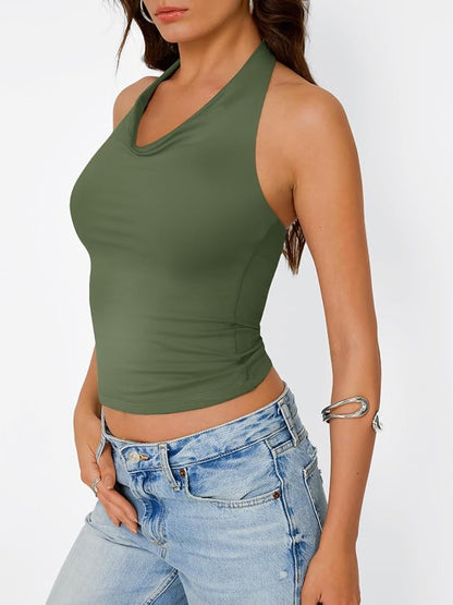 Trendy Queen Halter Tops for Women Going Out Summer Top | Cowl Neck Shirts, Sexy Backless, Fashion Y2K Clothes, Perfect for Party, Club, Vacation, Pair with High-waisted Bottoms
