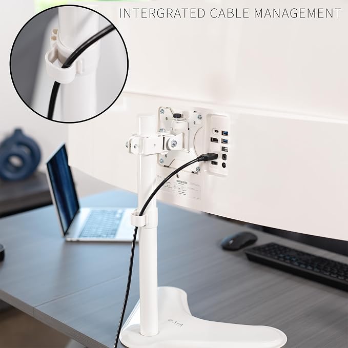 VIVO Single Monitor Desk Stand, Holds Screens up to 32 inch Regular and 38 inch Ultrawide, Freestanding VESA Steel Mount Base, Adjustable Height, Tilt, Swivel, Rotation, White, STAND-V001HW