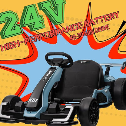 KerryYoo K61 Go Kart Electric Drift Kart with Length Adjustable Seat, 24V Outdoor Ride on Toy with 4 Speed Mode, Crazy Kart for Kids 6-12 Years Old, Fast 300W Motor, 8.5 MPH, Bluetooth - Blue