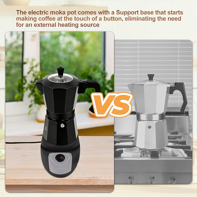 Electric Aluminum Moka Pot 3-6 Cup 150-270ml Espresso Maker | with Detachable Base Ideal Coffee Makers for Home MochaPot Italian and Cuban Café Coffeemaker Espressomaker CoffeePot Black