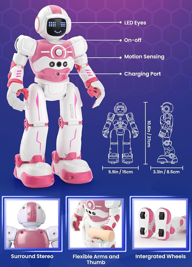 Robot Toys for Kids,Programmable Remote Control Smart Walking Dancing Robot Toy with Gesture & Sensing for Age 4 5 6 7 8 9 10 Year Old Boys Girls for Birthday Present,Pink
