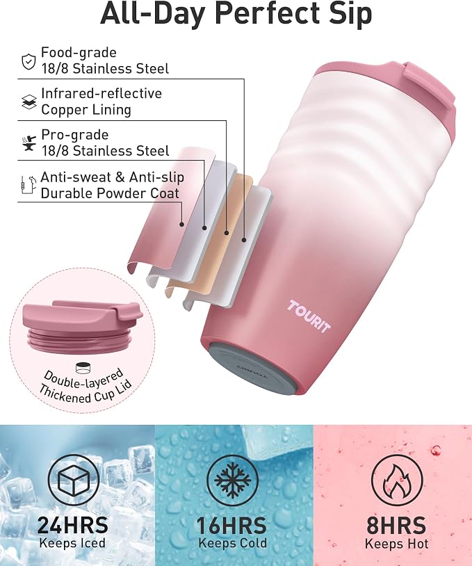 TOURIT 16 oz Travel Coffee Mug, Vacuum Insulated Stainless Steel Tumbler with Ripple-Wave Anti-Slip Grip, Built-in Silicone Bottom for Quiet & Stable, Leak-Proof Lid, Fits Car Cup Holder, Pink