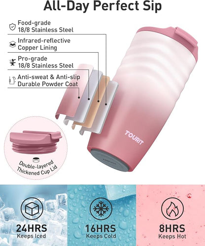 TOURIT 16 oz Travel Coffee Mug, Vacuum Insulated Stainless Steel Tumbler with Ripple-Wave Anti-Slip Grip, Built-in Silicone Bottom for Quiet & Stable, Leak-Proof Lid, Fits Car Cup Holder, Pink