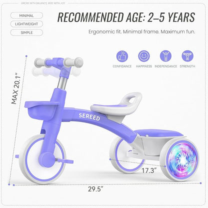 SEREED Colorful Lighting Toddler Tricycle for 2-5 Years Old Boys Girls, Adjustable Seat&Handlebar Trike, Removable Basket, Birthday Gift Idea for Kids Ages 2+ (Purple)