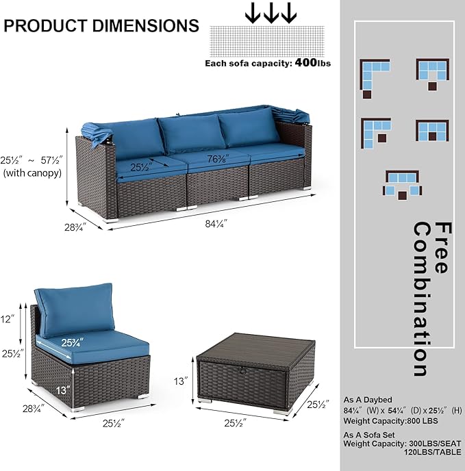 HOMREST 6 Pieces Patio Furniture Sets, Rattan Daybed with Retractable Canopy, Outdoor Sectional Sofa Set with Adjustable Backrest, Chaise Chair Sunbed for Garden Poolside Backyard (Blue)