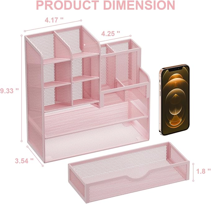 Marbrasse Mesh Desk Organizer with Drawer, Multi-Functional Pencil Organizer, 12 Compartments, Pink, Modern, Minimalist