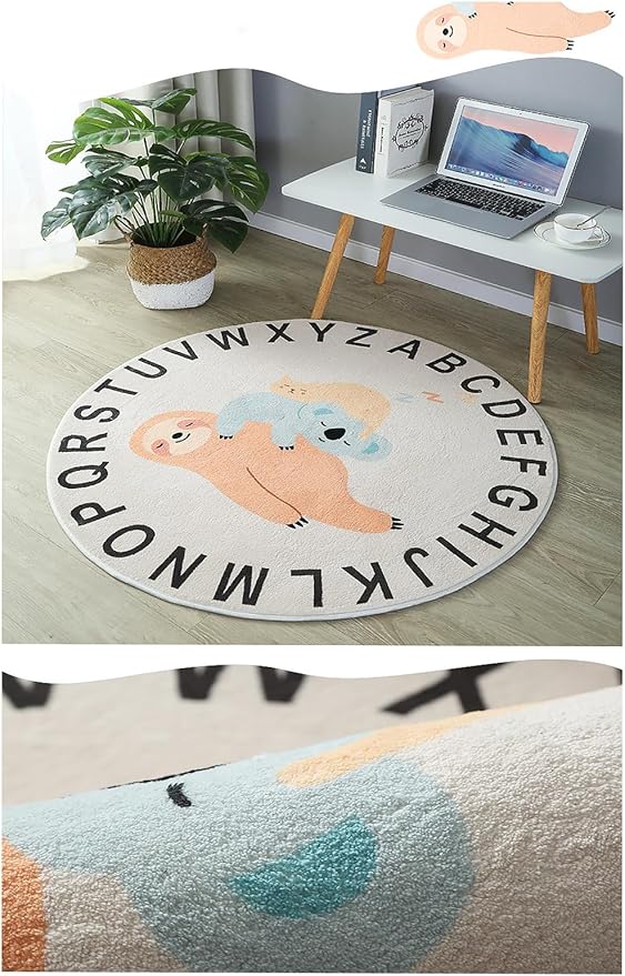 ABC Round Rug for Kids Warm and Soft Alphabet Nursery Animal Area Rugs Fun Rugs for Play Rooms Non-Slip Mats Crawling Mats Decorative Rugs for Bedrooms Living Rooms (Sloth, 31in)