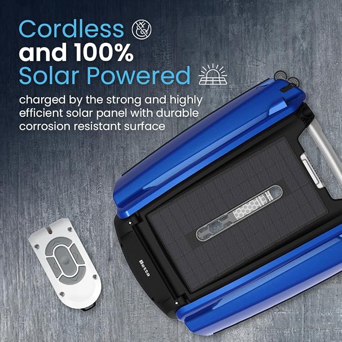 Betta SE Solar Powered Automatic Robotic Pool Surface Skimmer Cleaner with 24/7 Continuous Cleaning Battery Power and Re-Engineered Twin Salt Chlorine Tolerant Motors (Blue)