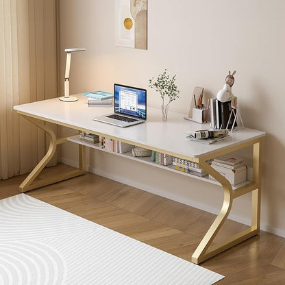 OSCHF 63-Inch Extra Long Desk with Storage Shelf, Gold | Double Long Writing Table, Space-saving, 2-Person Workstation, Modern Study Work Computer Desk, For Home Office