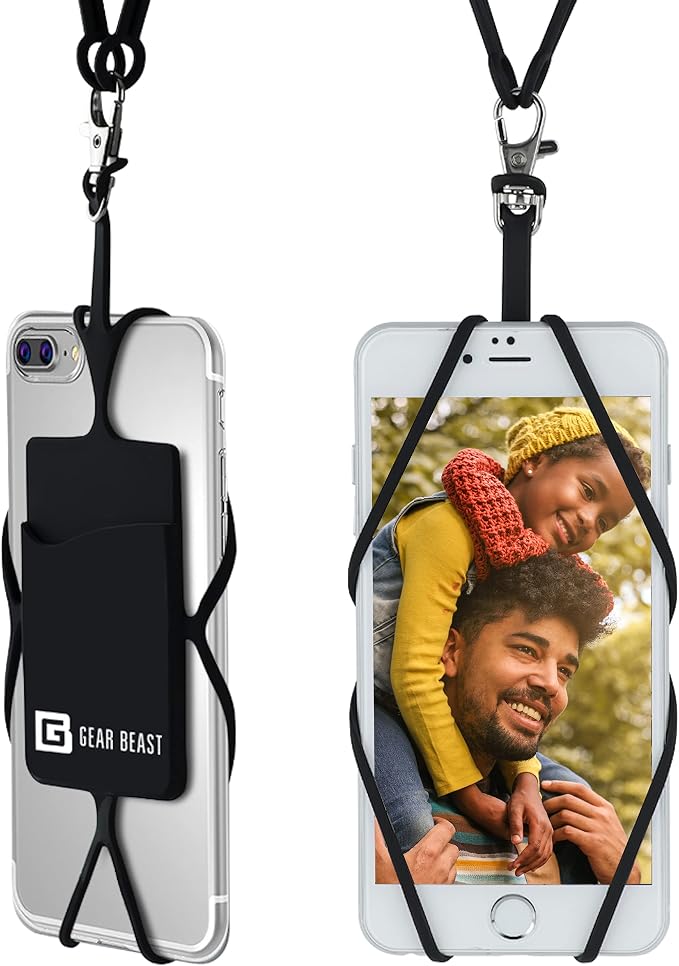 Gear Beast Cell Phone Lanyard - Universal Neck Phone Holder w/Card Pocket and Silicone Neck Strap (Black)