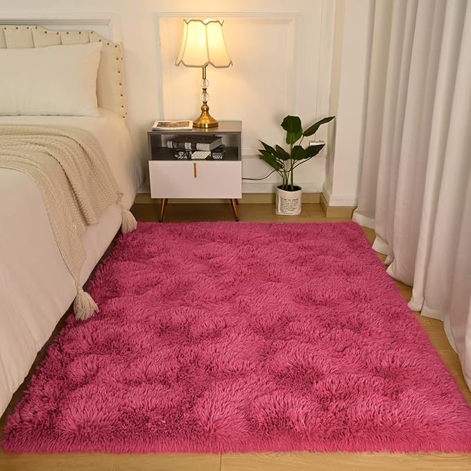 Softlife Rug for Bedroom 4x5.3 Feet Area Rug for Living Room Super Soft Shaggy Rugs for Kids Room Fluffy Fuzzy Carpets Long Plush Bedside Rug Nursery Christmas Home Decoration for Boys Girls, Rose Red