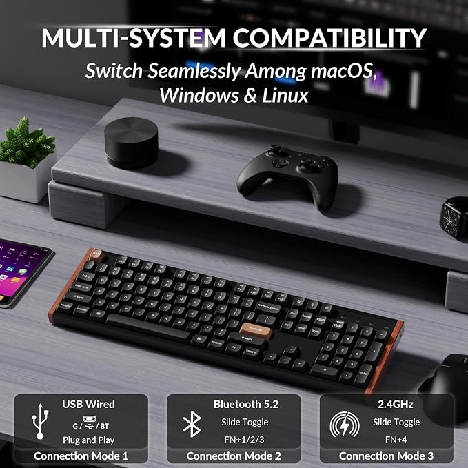 Keychron K10 HE Hall Effect Keyboard Wireless, Magnetic Switch Hot Swappable, Adjustable Actuation Rapid Trigger Mode with Aluminum + Wood Frame, Full-Size Custom RGB for Mac Windows Linux - Black