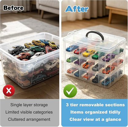 3-Tier 1/64 Scale Toy Car Storage Case with Carrying Handle Portable Transparent Storage Case Compatible with Matchbox Car Hot Wheels 30 Transparent Compartments Organizer for 30 Toy Cars