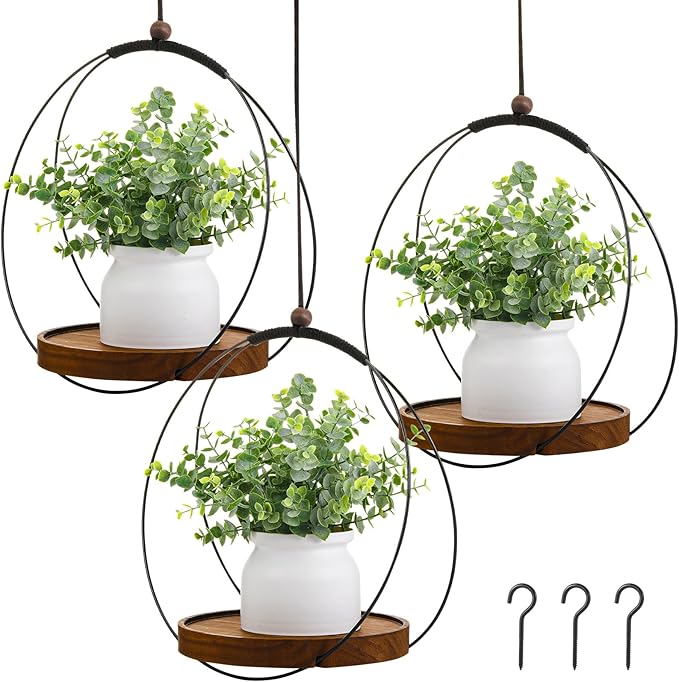 3 Pack Hanging Planters for Indoor Black Plant Hanger with Round Wood Base Large Indoor Hanging Plant Shelf Round Boho Holder Gift for Mom,housewarming