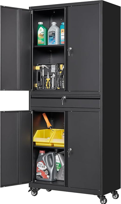Metal Garage Storage Cabinet with Wheels and Drawer,73" Tall Black Rolling Garage Cabinet with Locking Doors and Adjustable Shelves,Mobile Metal Storage Cabinets on Wheels for Home,Office,Garages,Tool
