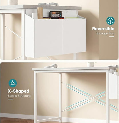 OLIXIS Computer Desk, 44 Inch Gaming Desks for Home Office Small Spaces | Writing Study Craft Work Table, Computer Workstation for Bedroom with Storage Bag, All White