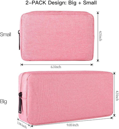 2-PACK Accessories Bag for Women Ladies Travel Organizer, Big+Small Portable Storage Bag Pouch Electronics Accessories Carrying Case Cosmetic Bag for Hard Drive, Mouse, Cable, Adapter, Cellphone, Pink
