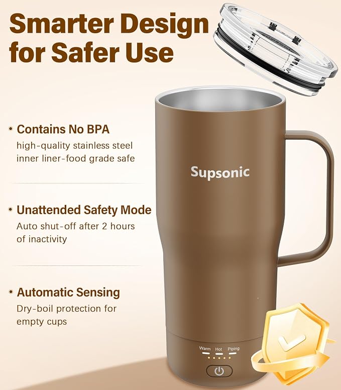 Supsonic Heated Coffee Mug Rechargeable, 20oz Long-Lasting Battery (S3) | Dry-burn protection, 2Hr auto-off, 3-Temp settings, Constant temperature, Inner stainless steel, Warm gift for men women