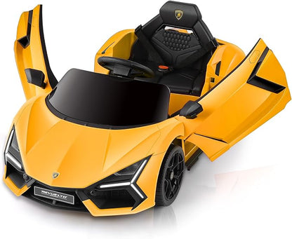 ELEMARA Lamborghini Kids Car with Scissor Door, Ride On Toys with Remote Control, 12v Kids Electric Car with Bluetooth, LED Light, MP3 Player and Wide Seat, Lemon Yellow