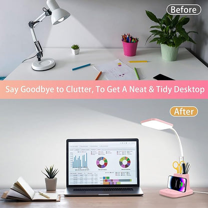 LED Desk Lamp with 10W Wireless Charging & Pen Holder, Pink | CRI 95, 800LM, Stepless Dimming, 3 Modes, 360°Flexible Arm, Touch, Study Table Lamp for Home Office, Dorm Room, with Adapter