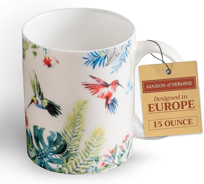 Maison d' Hermine Coffee Mug with Handles Tea Cups (15 Ounce, Pack of 1) | Fine Bone China Coffee Mugs for Hot Beverages Cappuccino Latte Home Restaurant Hotel Spring Summer -Tropiques - Colibris