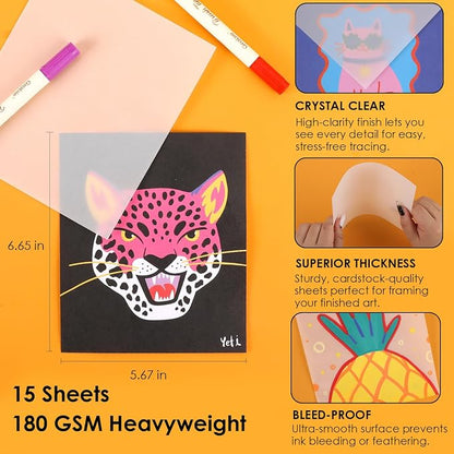 Grabie Trace and Color Drawing Kit, Beginner Friendly All-in-One Tracing Art Set with Acrylic Dual Tip Markers, 15 Pre-Printed Designs, Vellum Paper, Creative Hobby Kit, Artist Collaboration Yeti
