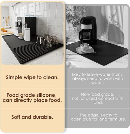 Silicone Coffee Mat with Raised Edges, , 24'' x 16'', Bar Mat for Countertops, Bar Accessories, Coffee Maker Mat, Espresso Machine, Dish Drying Mat (BLACK)