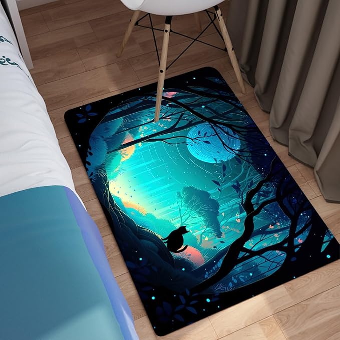 Cat Rug - Magic Black Cat Rug for Home Decor Moon Black Cat Rug for Boys Room Cat Door Mats Outdoor Entrance Forestscape Cat Rug, 2x3 Feet