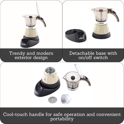 IMUSA 3 or 2 Cup Electric Espresso Maker with Cool-touch Handle, Almond | Bare Aluminum Finish, Keep Warm Function and Detachable Base, Ideal for Cuban and Italian Drinks, Perfect for Home Baristas
