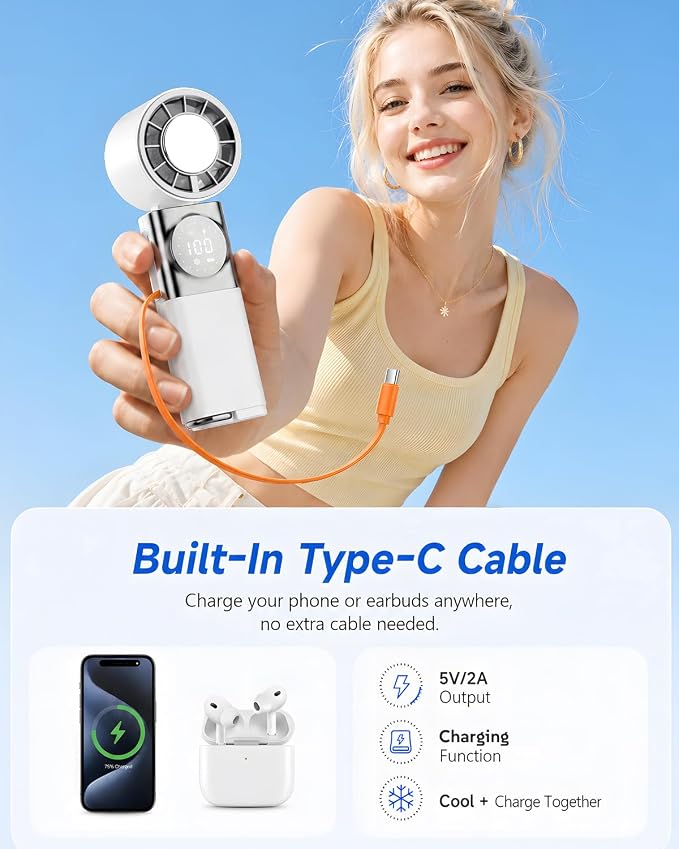 Handheld Turbo Fan 5000mAh Cooling Fan with TEC Semiconductor Fast Chilling, 5 Speeds, 135° Foldable & 360° Airflow, USB Output for Phone Charging, Portable Desktop or Neck Fan for Travel Outdoor Home