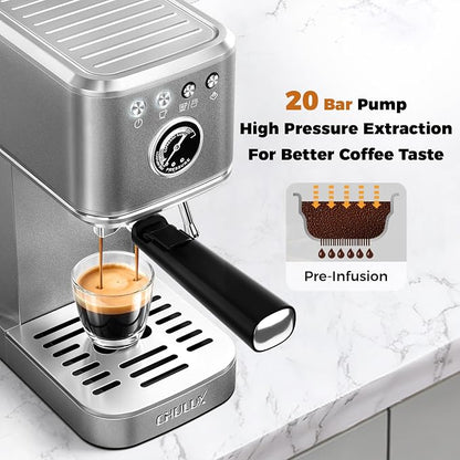 CHULUX Elite Espresso Coffee Machine with Steam Wand for Cappuccino, Gray | Hot and Iced Espresso, 1350W Fast Heating System, Visible Pressure Gauge, PID Temperature Control, Pre-Infusion Technology