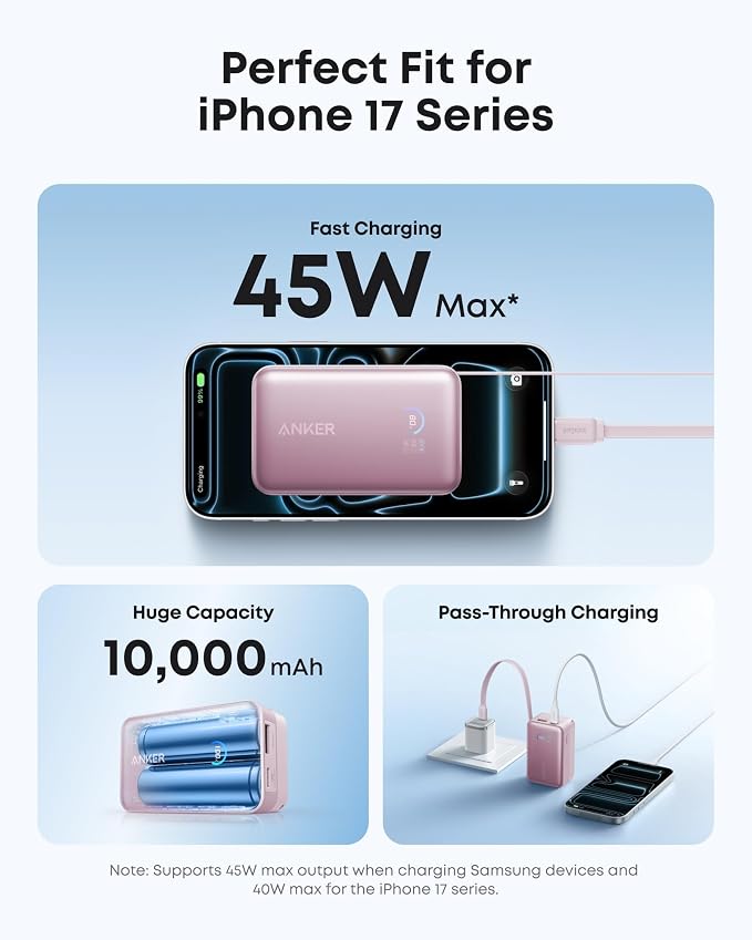 Anker Nano Power Bank, 45W 10,000mAh Portable Charger, iPhone Battery Pack | Built-In Retractable USB-C Cable, for iPhone 17 / 16 Series, iPad, Galaxy, Pixel, and More, Compact Travel Design