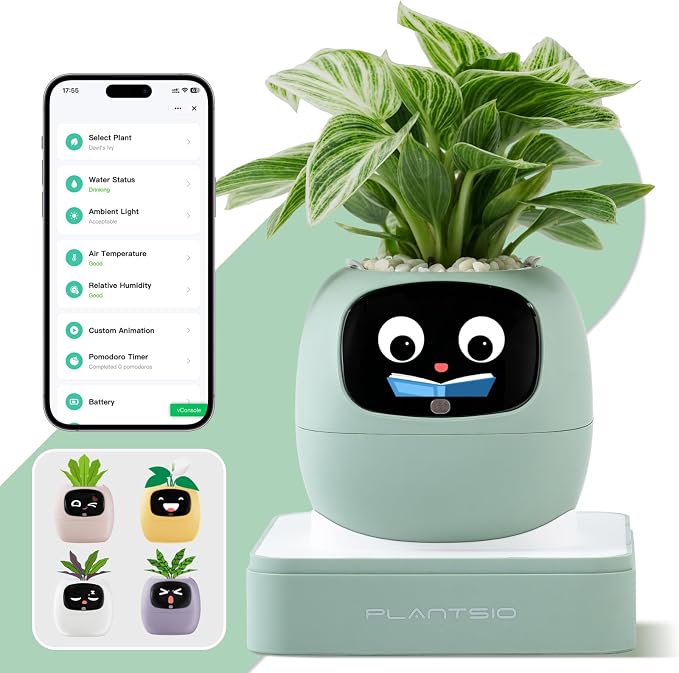 Upgraded AI Smart Flower Pot Multi-Emotion Interactive Digital Display Self Watering Planter, Monitor Soil Moisture/Water Level/Light/Battery, Supports 50+ Plants Decor for Desk Home Pet Office(Green)