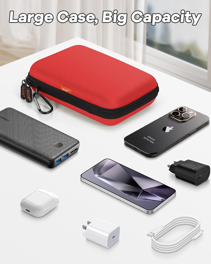 Pure-Red Shockproof Hard Shell Carrying Case for Portable External Hard Drive, Power Bank, Charger, Seagate Game Drive, Cell Phone, Electronic, Women Accessories - Large Storage Pouch Travel Bag