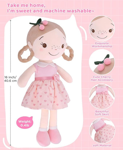 GAGAKU Soft Baby Doll Toys (16'') for Girls, My First Baby Rag Dolls for 1 Year Old Girl Birthday Gift Plush Doll Toys Machine Washable Baby Doll for Toddler Kids Infants - Cherry Girl