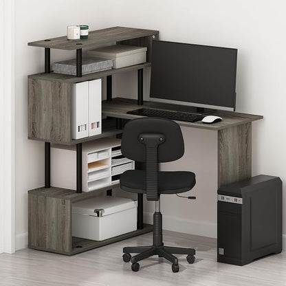 Furinno Classic L Shape Computer Desk, Gaming Desk, Office Desk with 5-Tier Shelves, 40" Wide, for Home Office, Study, Gaming, Grey Oak