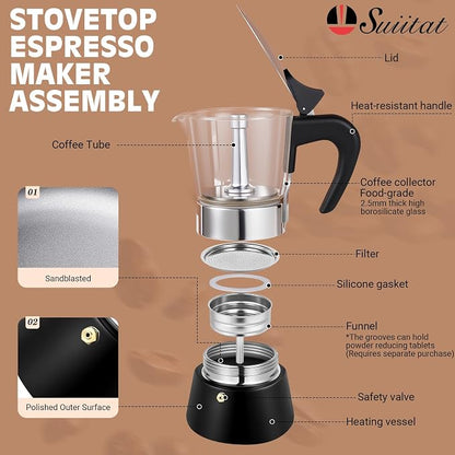 6 Cup 300ml Glass Moka Pot, Stovetop Espresso Maker, Black | Crystal Glass-top & Stainless Steel Coffee Maker, Induction Compatible, for Greca de Cafe, Cuban and Italian Coffee Brewing