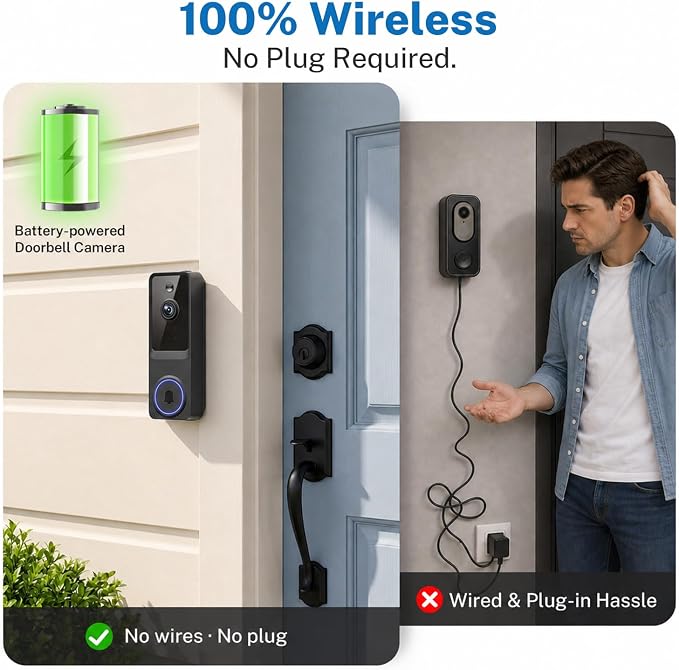 Doorbell Camera Wireless, 1080P Video Doorbell Camera Battery Powered, Security Camera with AI Human Detection, 2-Way Audio, Night Vision, Cloud Storage, 2.4G WiFi, Front Door Camera for Home Security