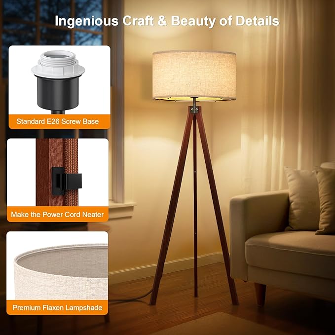 LEPOWER Tripod Floor Lamp Mid Century Modern Standing Lamps for Living Room | Light-Diffusing Linen Shade, Premium Rubberwood Tripod with E26 Base, Adding Warmth to Bedroom, Office & Study Corner Brown