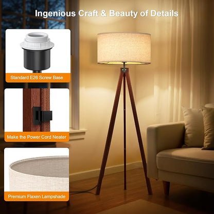 LEPOWER Tripod Floor Lamp Mid Century Modern Standing Lamps for Living Room | Light-Diffusing Linen Shade, Premium Rubberwood Tripod with E26 Base, Adding Warmth to Bedroom, Office & Study Corner Brown