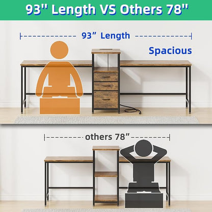 GYIIYUO 93'' Two Person Desk with Charging Station, Long Desk with 3 Drawer | Double Computer Desk with Printer Shelf, 2 Person Writing Study Table Workstation for Home Office, Rustic Brown