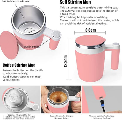 Self Stirring Mug,Rechargeable Auto Magnetic Coffee Mug with 2Pc Stir Bar,Waterproof Automatic Mixing Cup for Milk/Cocoa at Office/Kitchen/Travel 14oz Best Gift - Pink